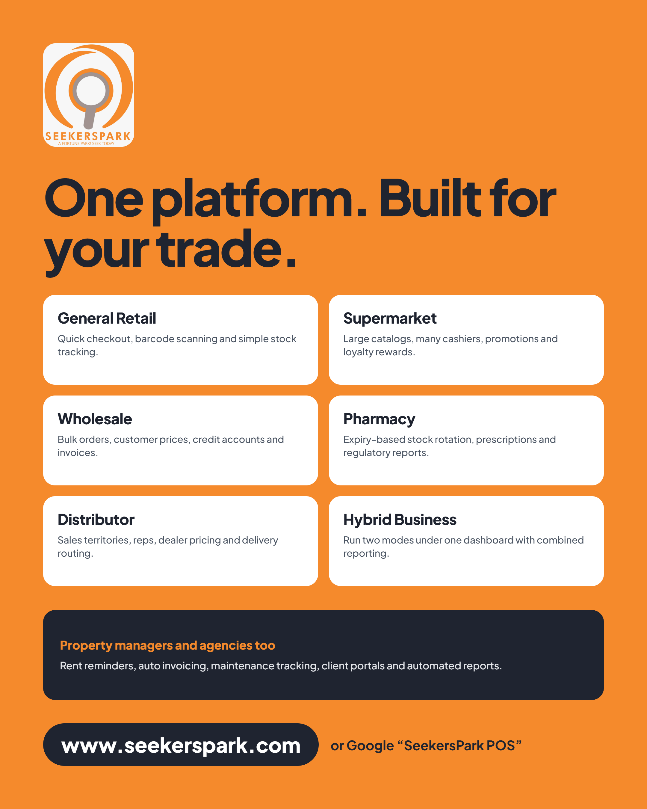 One Platform, Built for Your Trade: Seekerspark POS for Retail, Pharmacy, Wholesale, Property and More